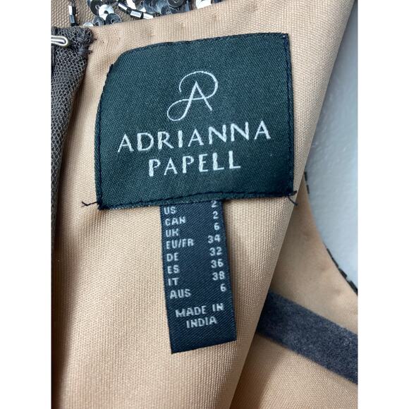 ADRIANNA PAPELL DRESS 2 SEQUIN BEADED MESH SHEER TAN NUDE SILVER MINI COCKTAIL - Picture 4 of 16